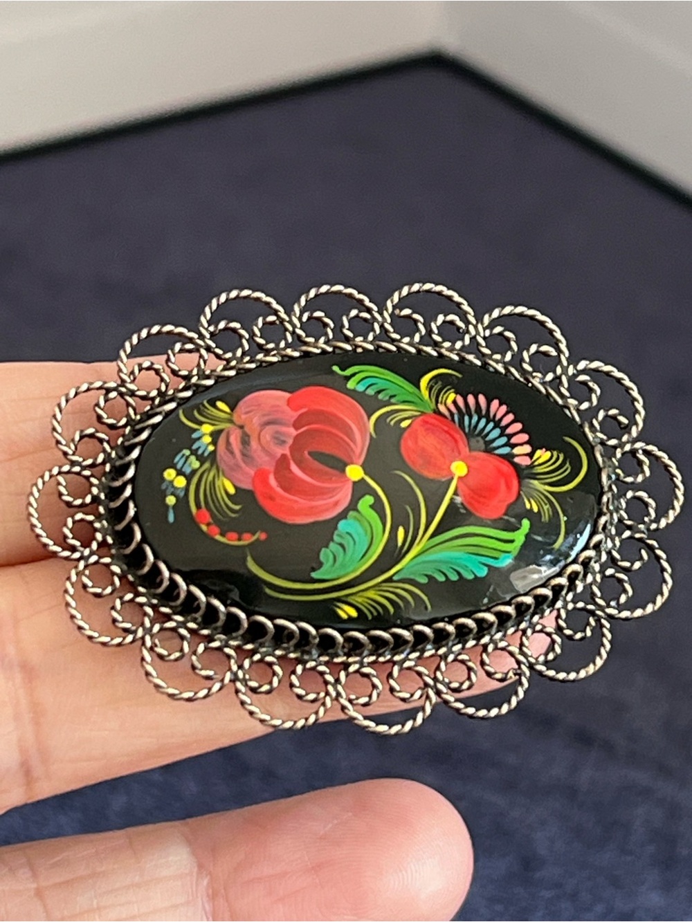 Hand-Painted Floral Oval Brooch - Red & Green on Black